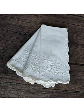 Vintage Set Of 3 White Embroidered Cotton Napkins, Scalloped Edges, Cottagecore